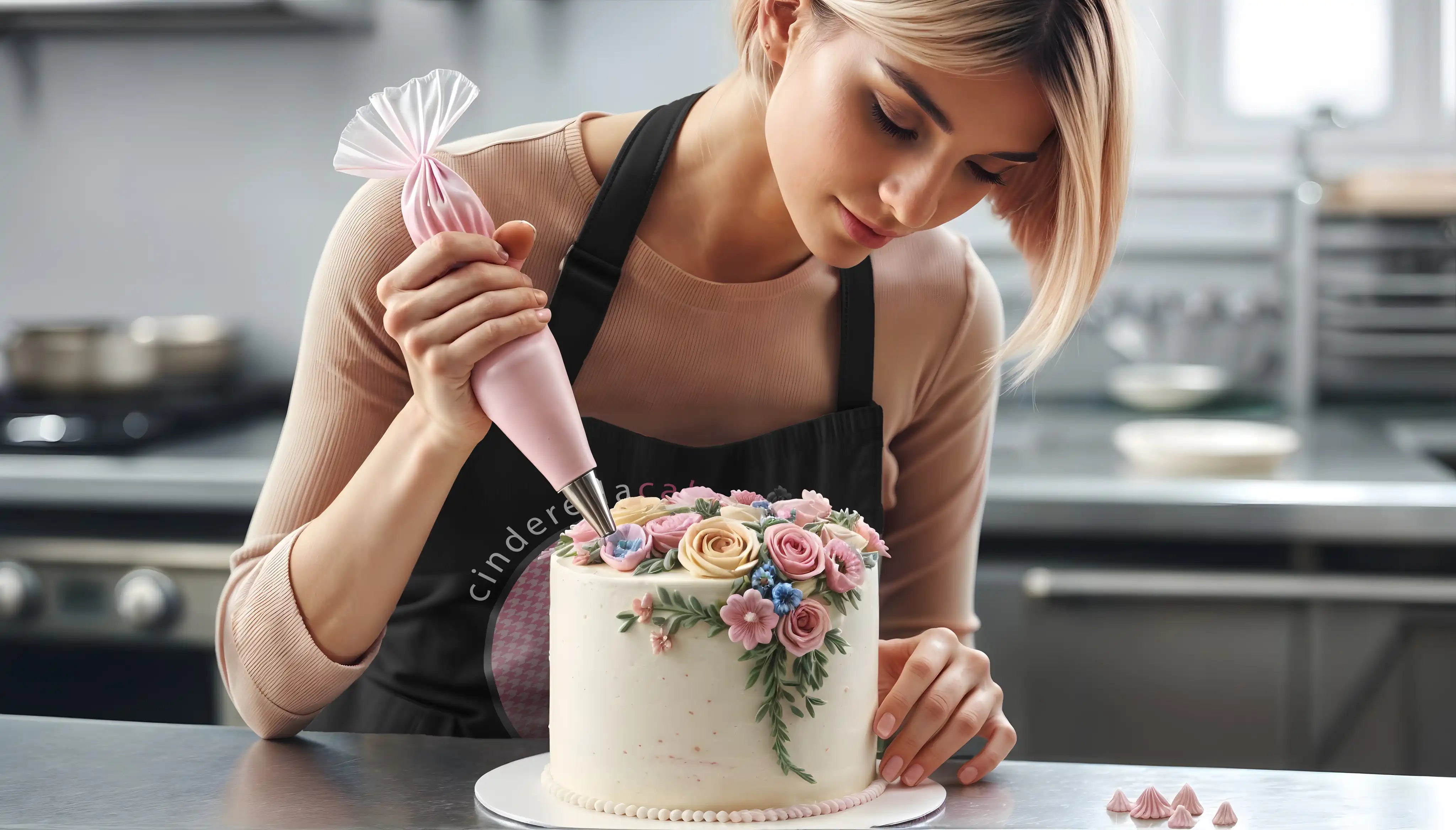 Female cake decorator decorating a cake with flowers