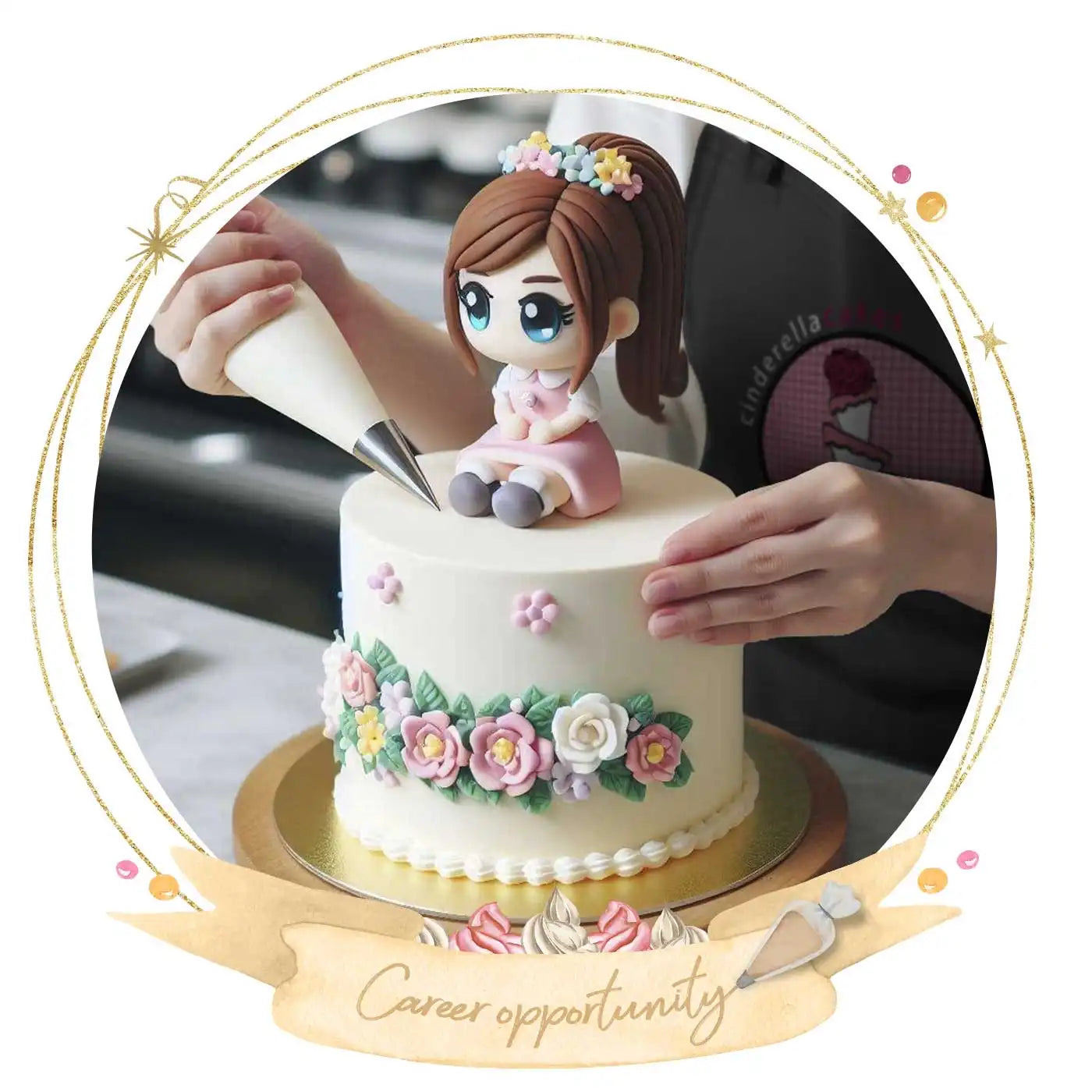 Female decorating custom character cake
