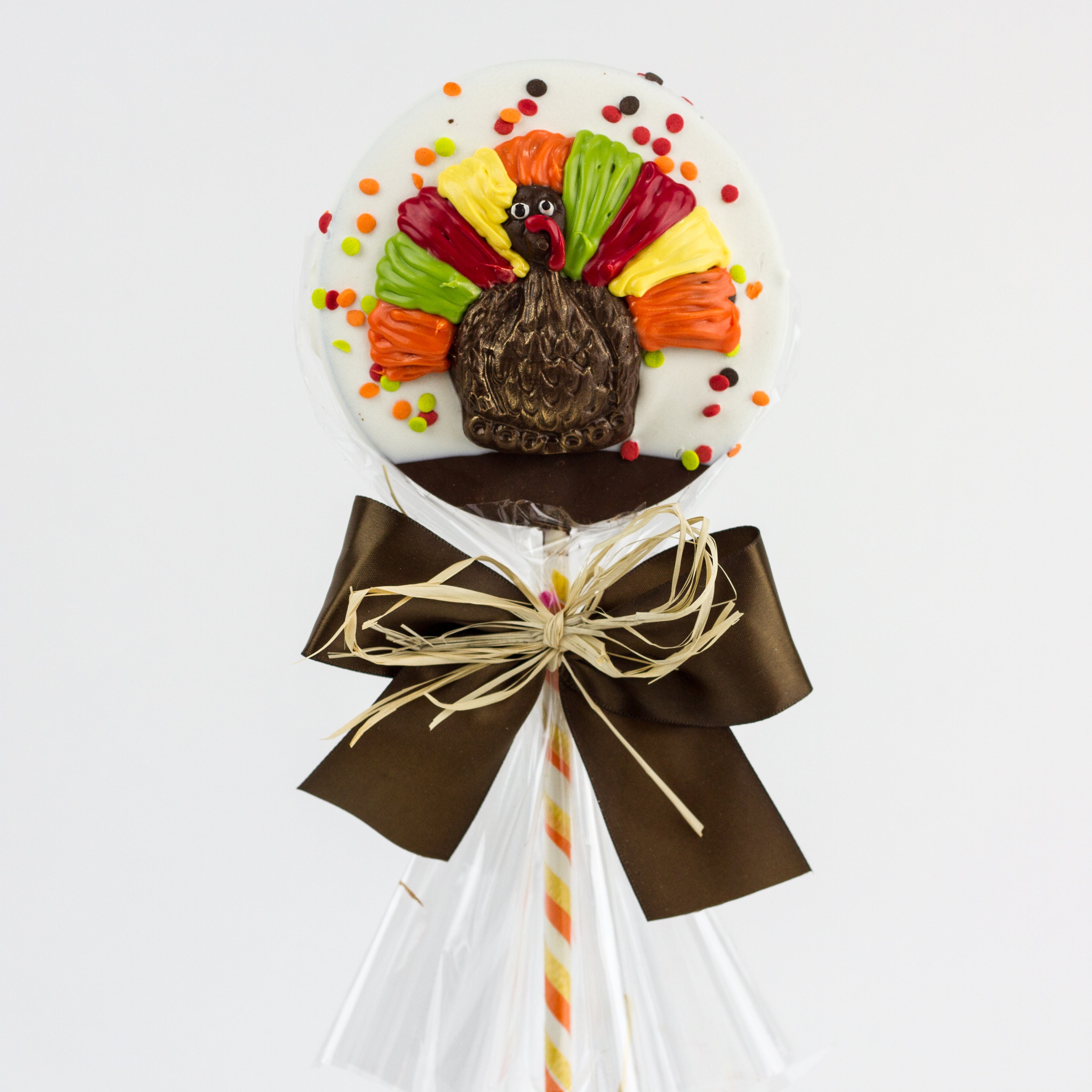 Chocolate Crispy Turkey Lolly wrapped in cellophane with a ribbon