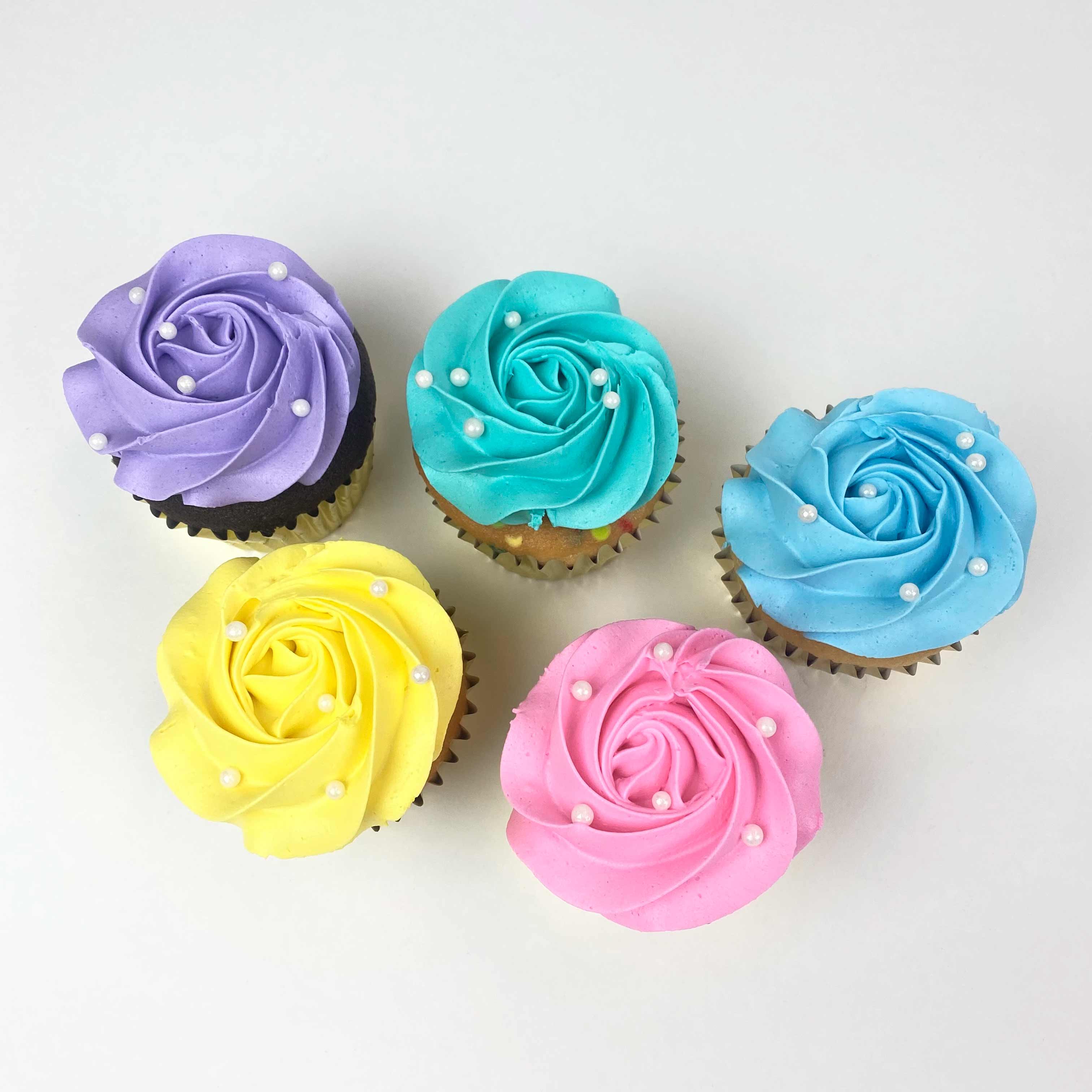 Rosette Cupcakes With White Pearls. Choice of Lavender, Aqua, Blue, Yellow or Pink colors