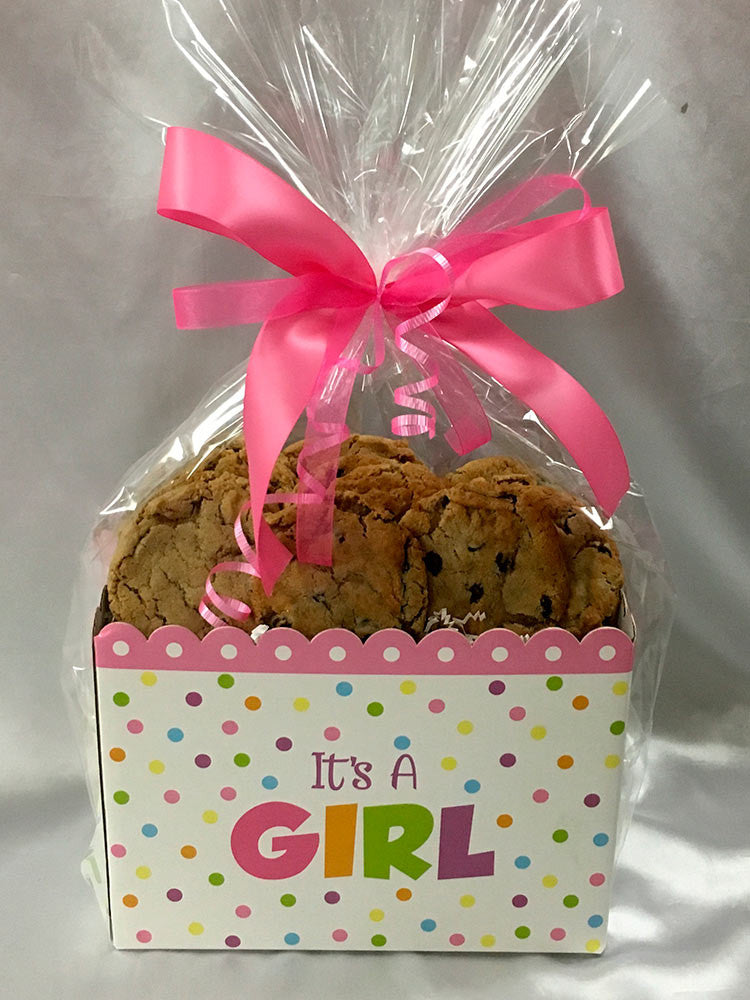 It’s A Girl Cookie Gift warped in cellophane with a ribbon