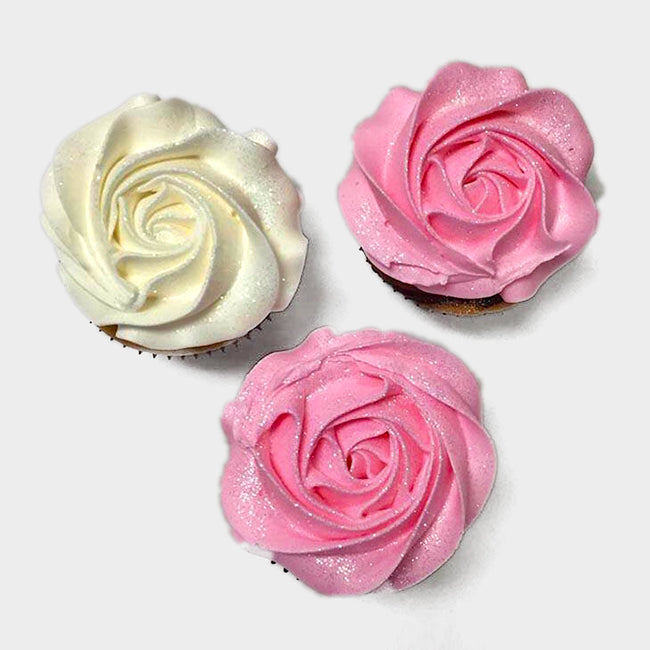 two Pink and a White Rosette Cupcakes