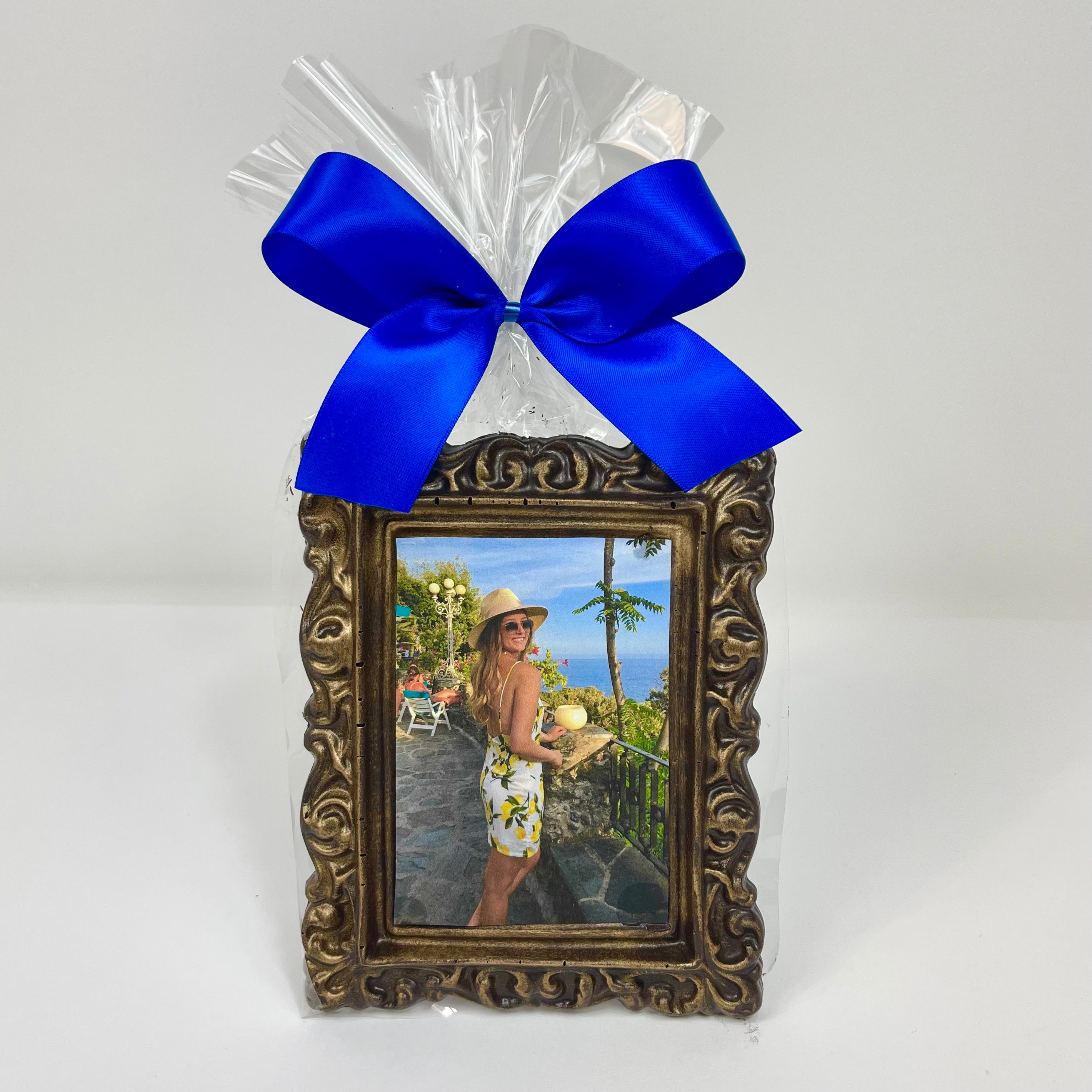 Large Dark Chocolate Edible Image Frame wrapped in cellophane with a ribbon