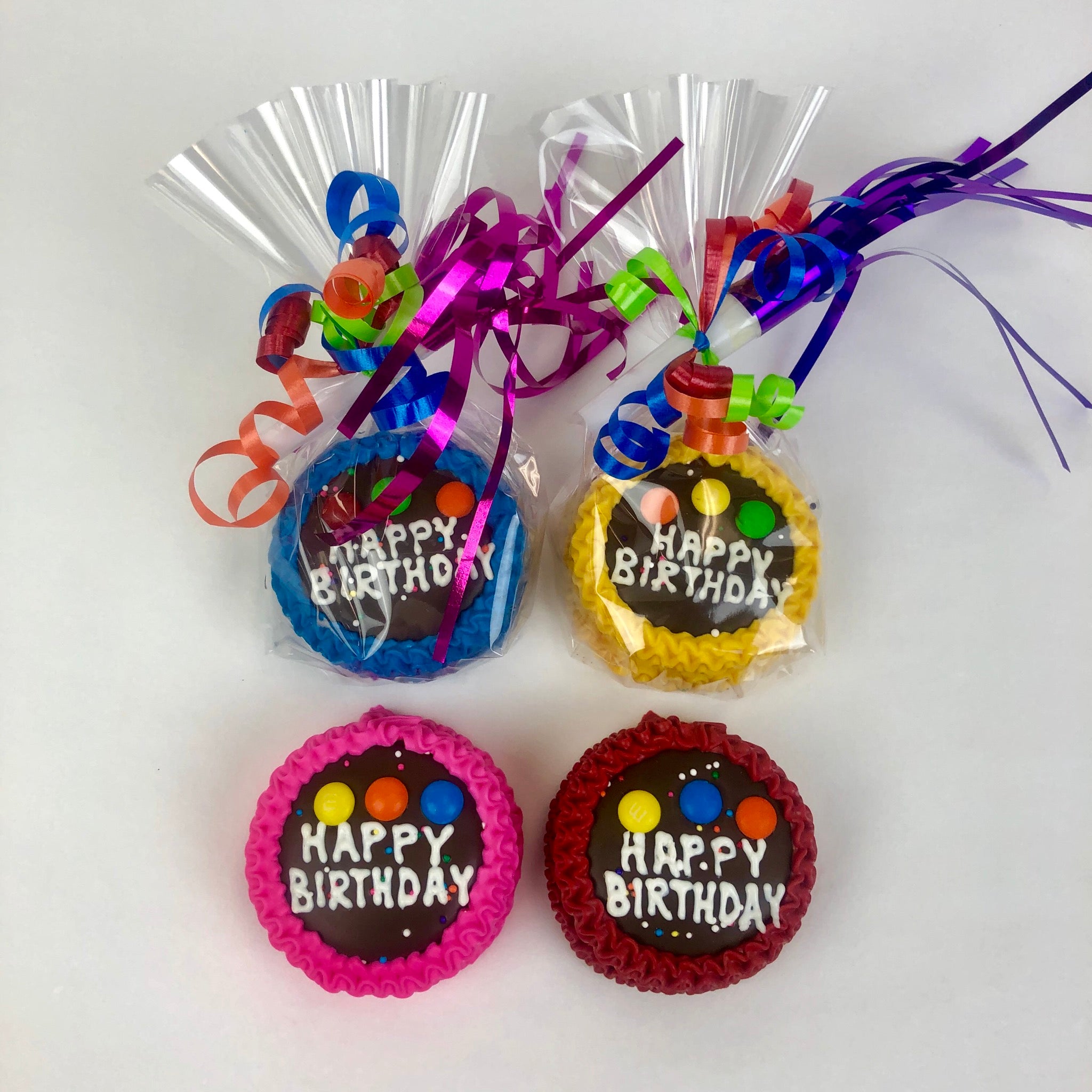 Mini Solid Chocolate Birthday Cake wrapped in cellophane with a ribbons