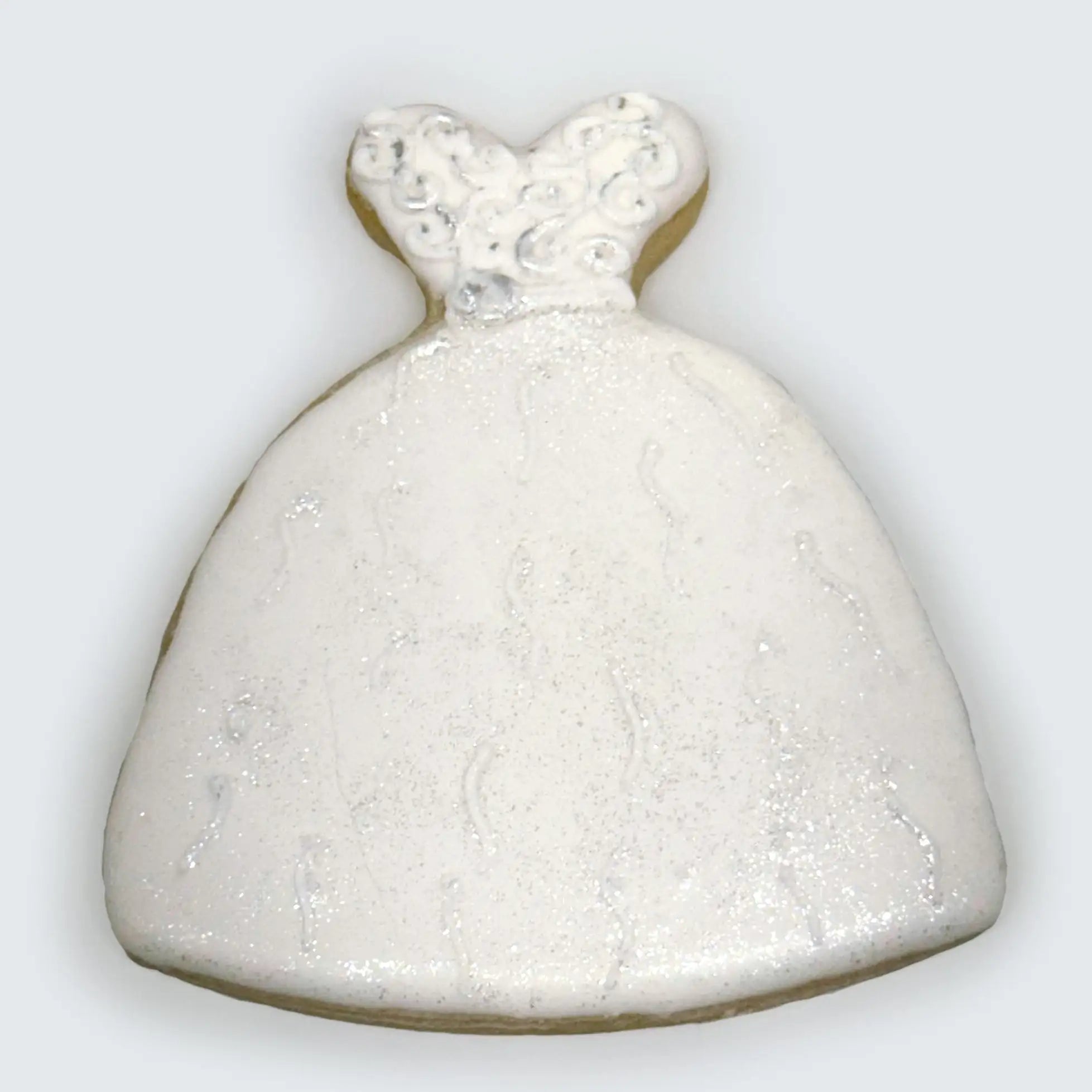 White ball gown wedding dress sugar cookie decorated with royal icing and silver accents