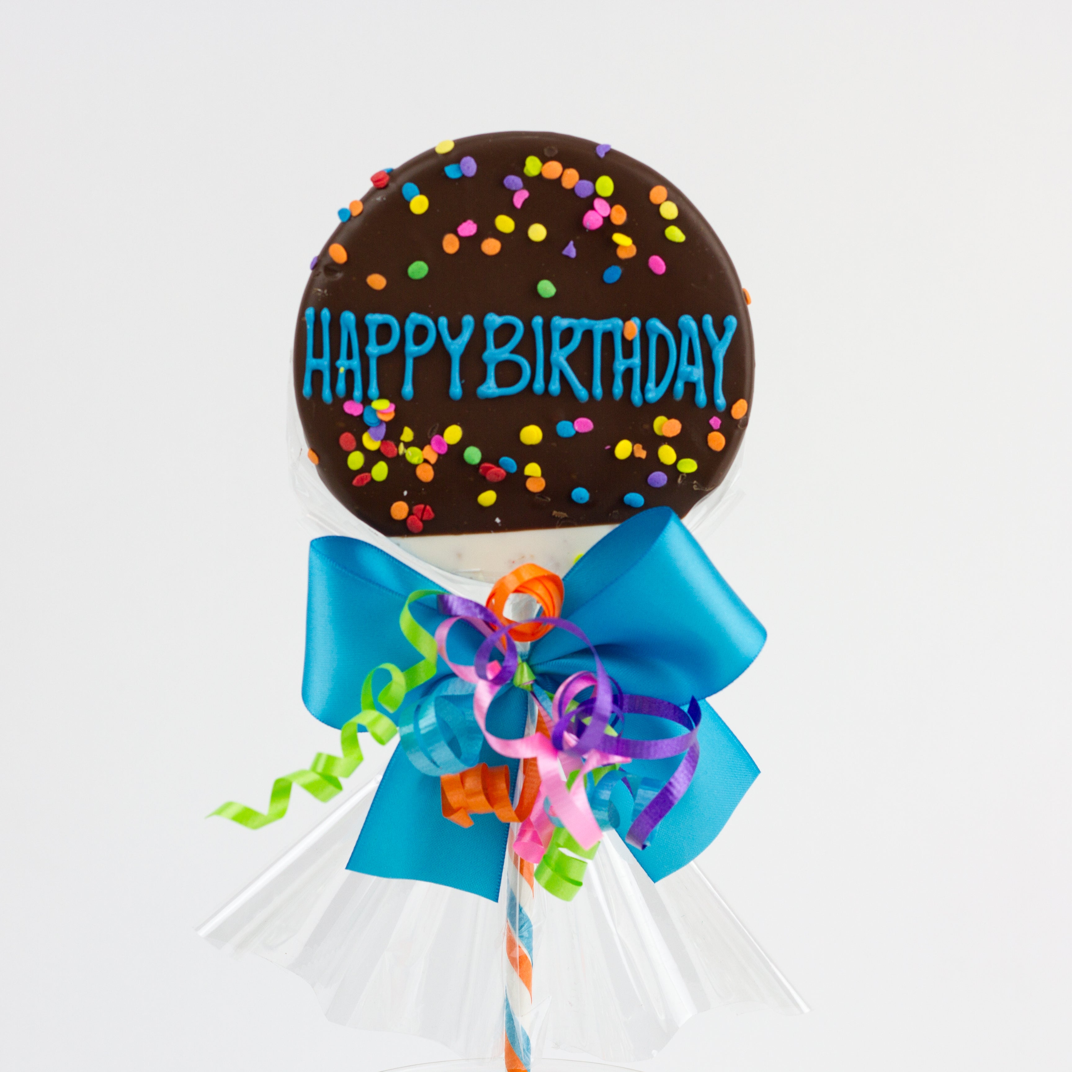 Dark Chocolate Happy Birthday Lolly wrapped in cellophane with ribbons
