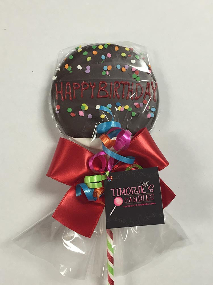 Dark Chocolate Happy Birthday Lolly wrapped in cellophane with a ribbon