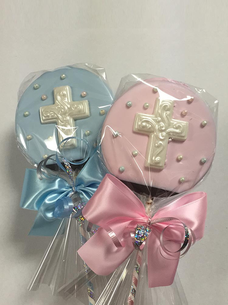Blue and pink Baptism Cross Chocolate Crispy Lolly warped in cellophane with ribbons