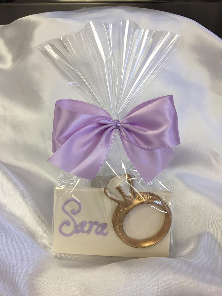 Gold Diamond Ring Place Card wrapped in cellophane with a ribbon