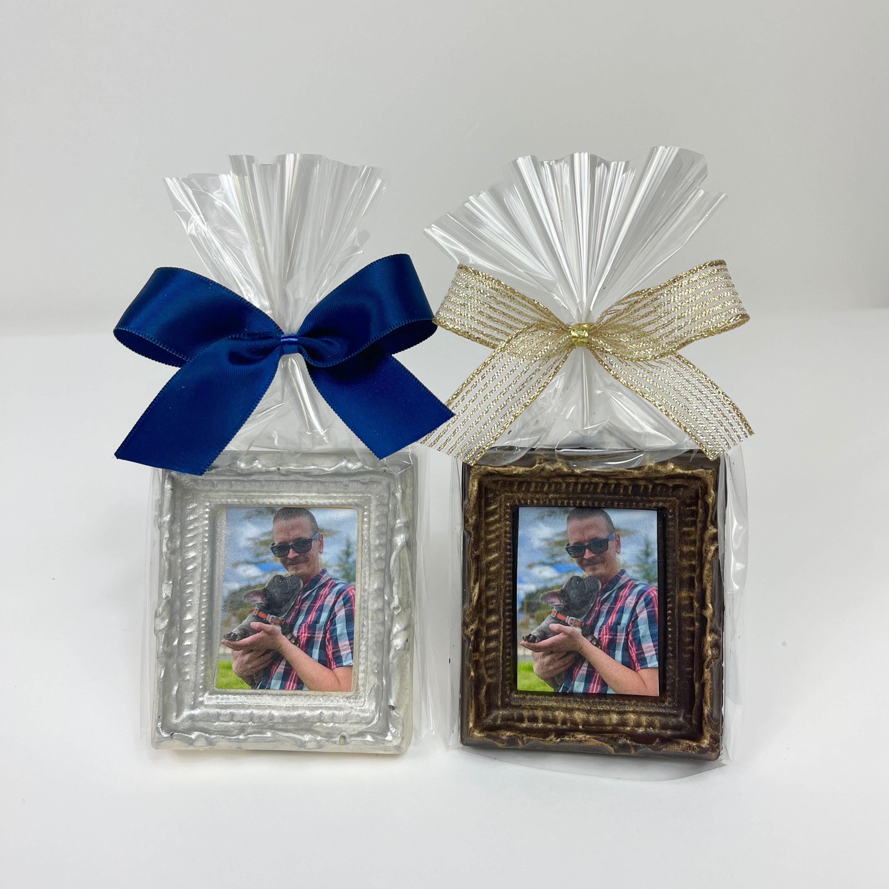 Small White Chocolate Edible Image Frame wrapped in cellophane with a ribbo
