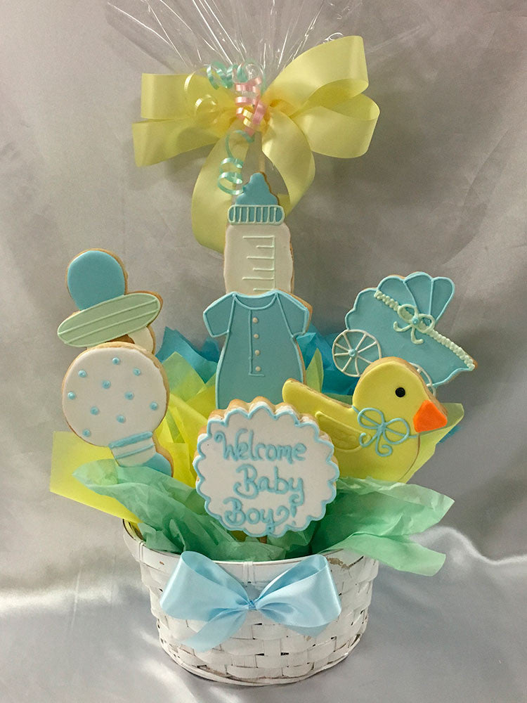It's A Boy Cookie Bouquet in a basket with ribbons