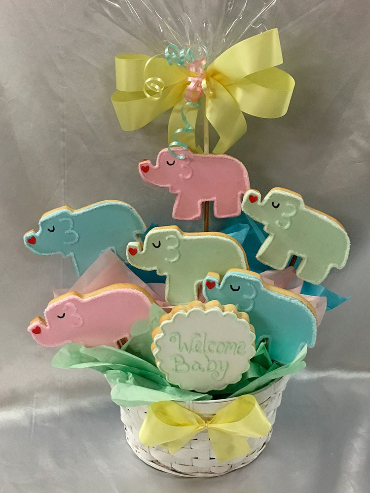 Welcome Baby Cookie Bouquet in a basket with ribbons