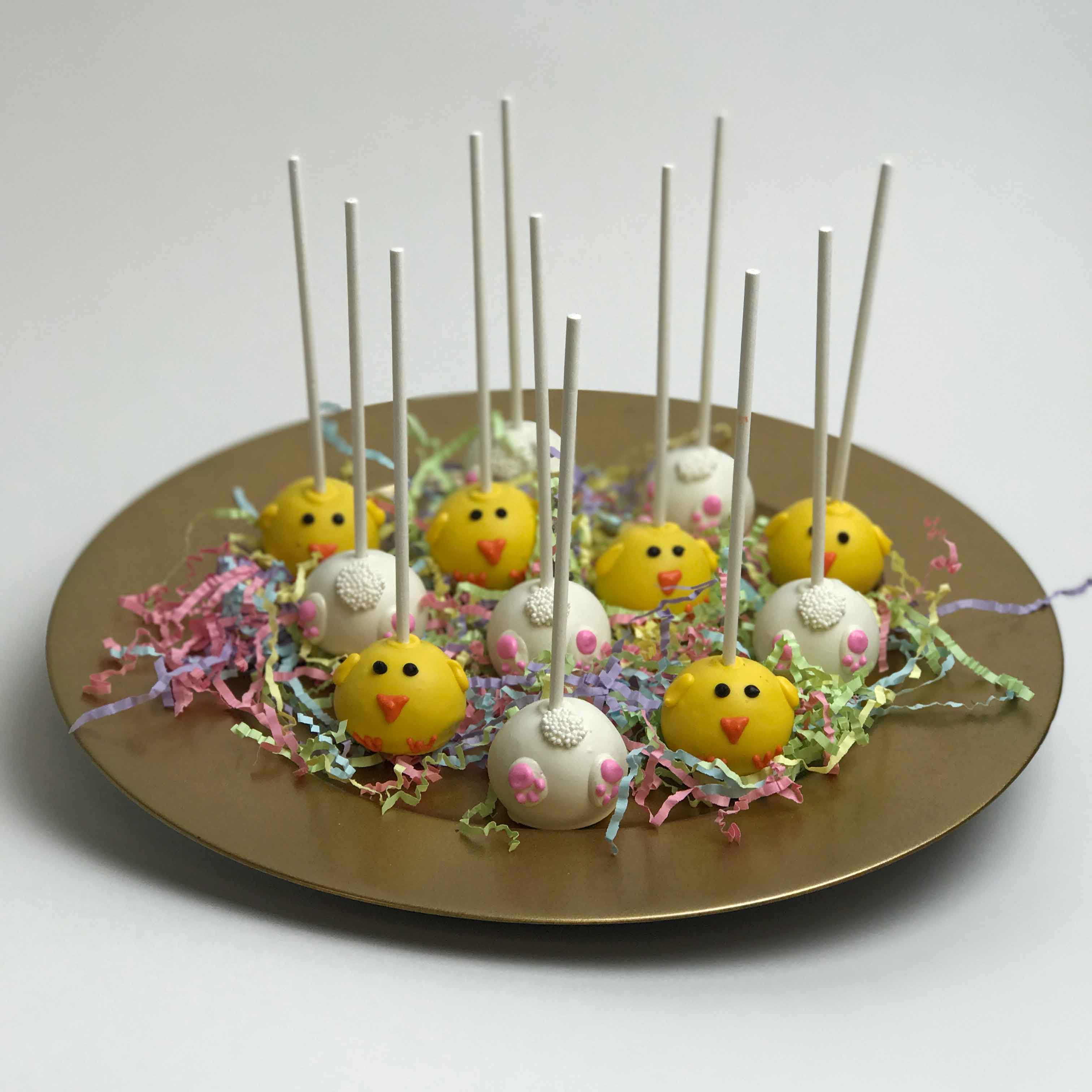 Bunnies and chicks Easter Cake Pop Platter inside a golden platter