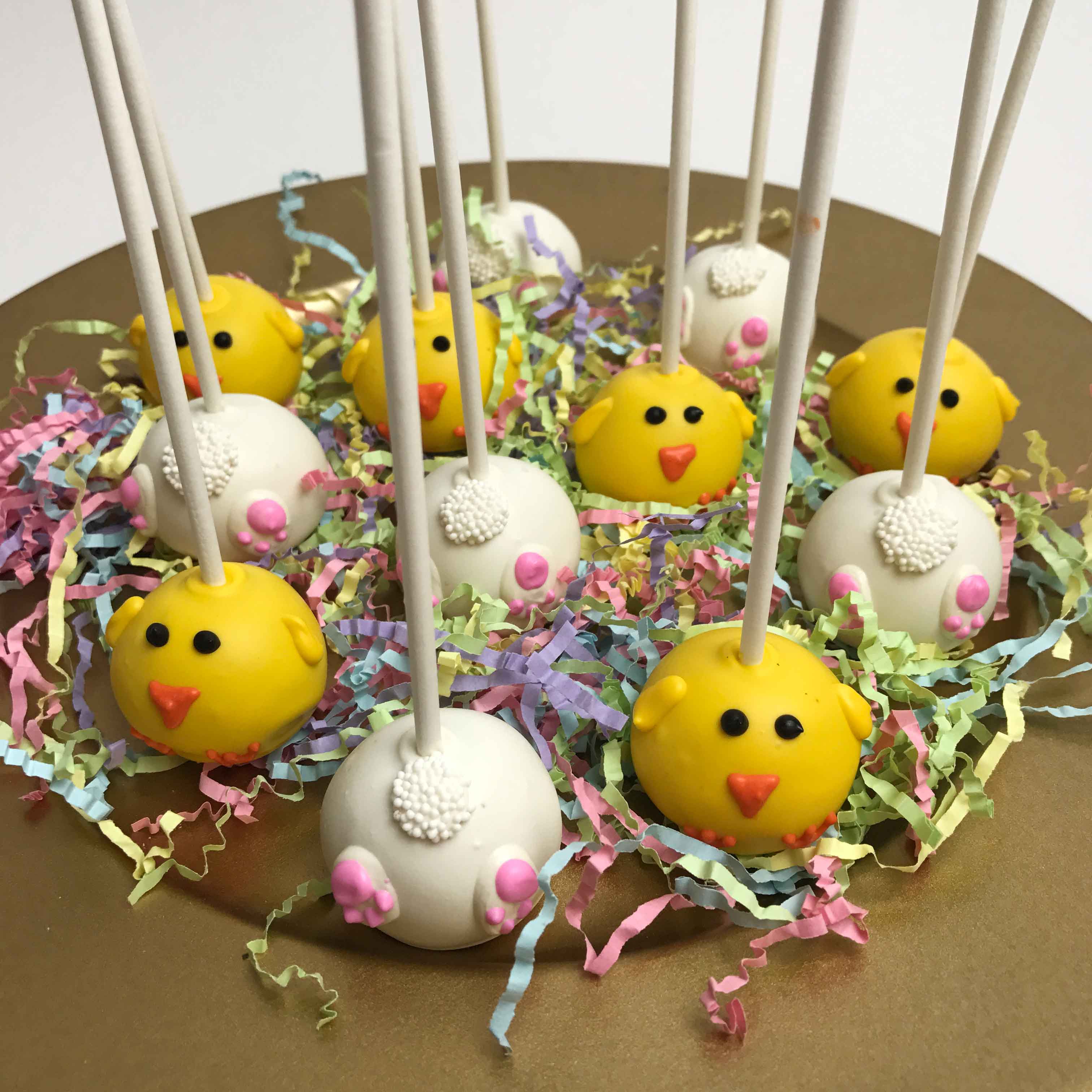 Bunnies and chicks Easter Cake Pop Platter inside a golden platter