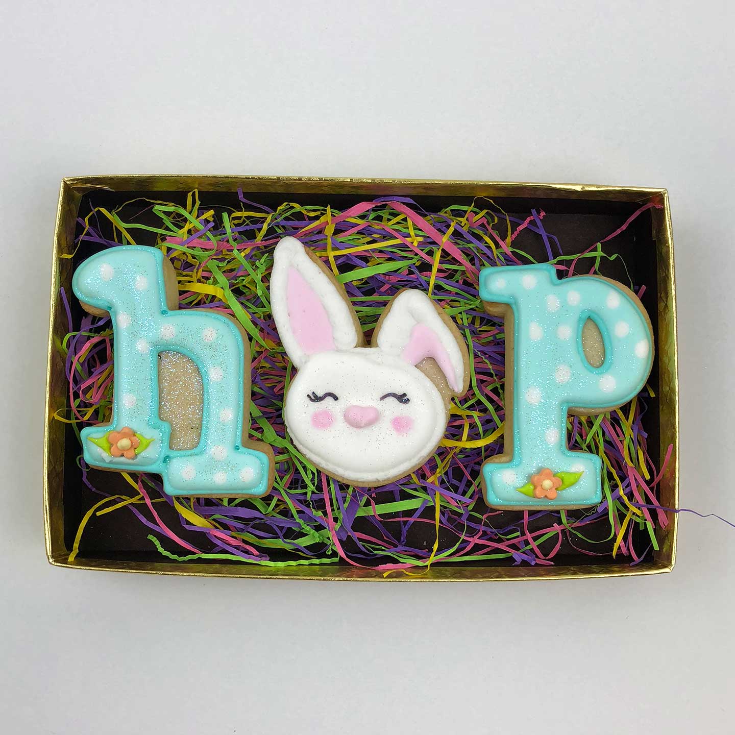 Blue HOP Easter Cookies in a box