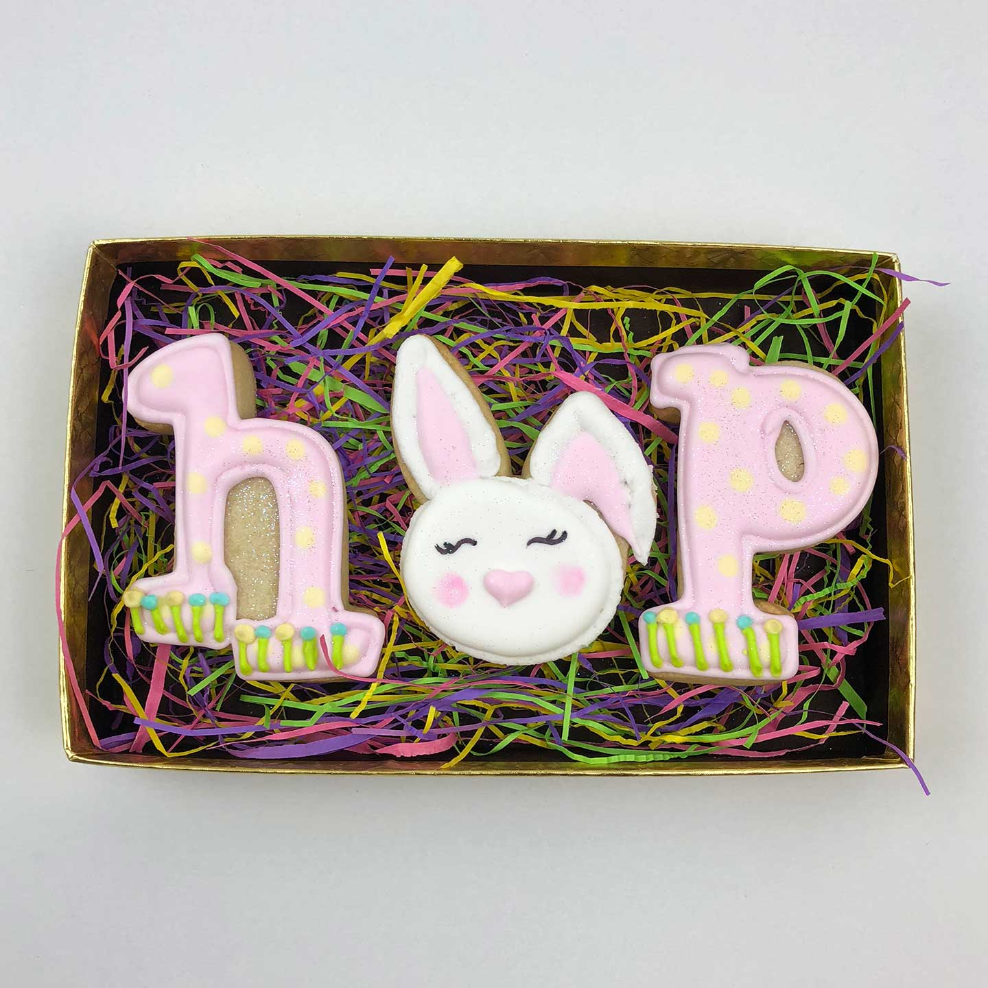 Pink HOP Easter Cookies in a box