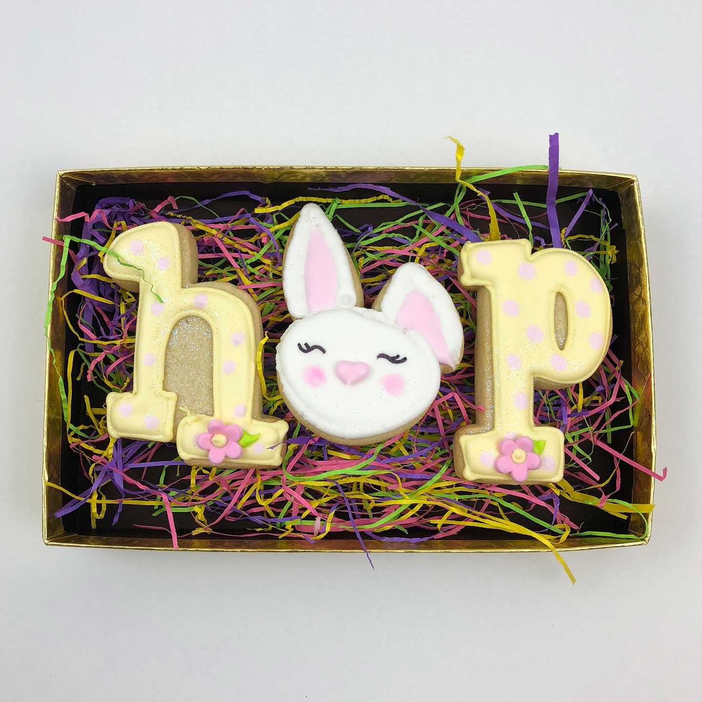 Yellow HOP Easter Cookies in a box