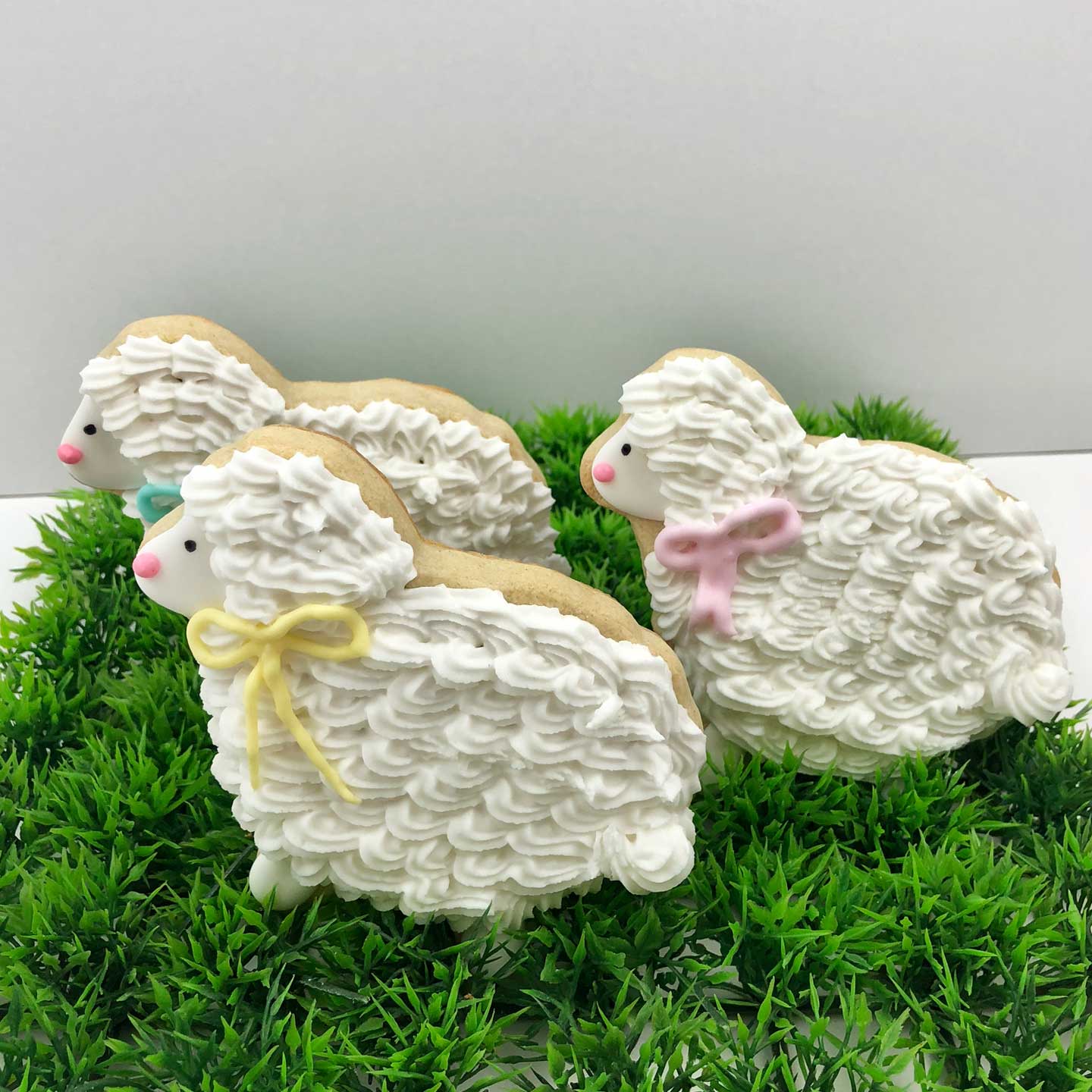 Three white color lamb Cookies placed on top of decorative plastic grass