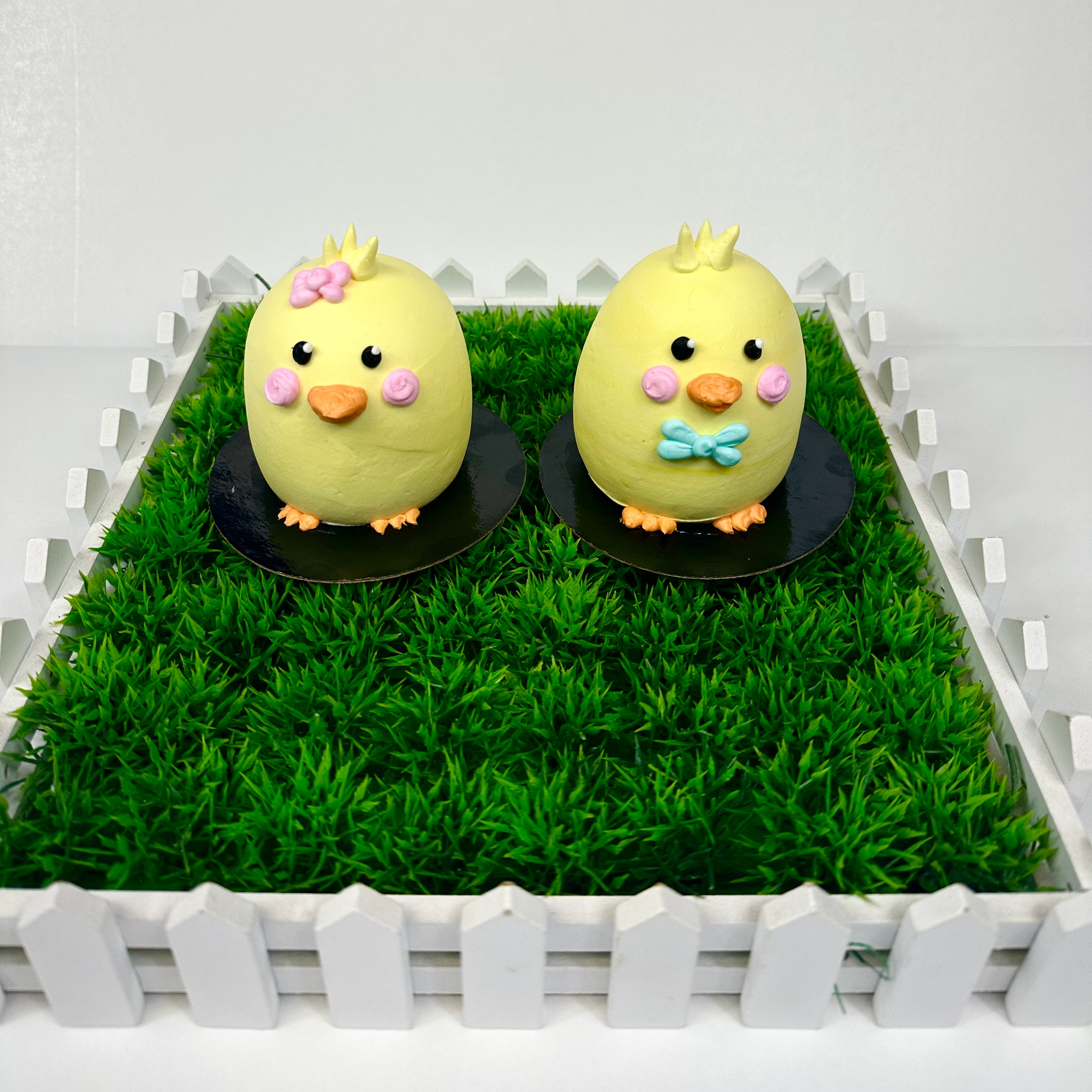 Two 3D Chick Cupcakes placed side by side on a black base, nestled inside a box filled with decorative plastic grass and a white picket fence.